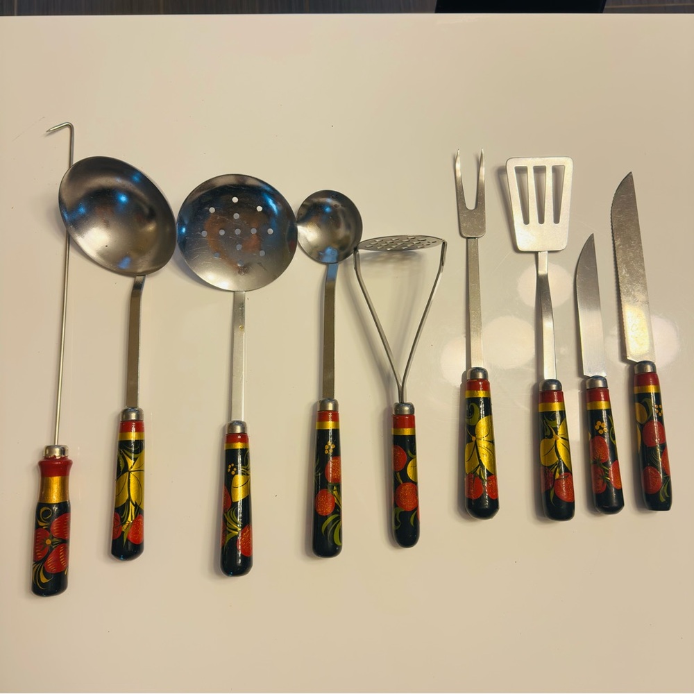 Vintage Khokhloma Kitchen Utencil Set 70's USSR Hand Painted Floral Kitchen
